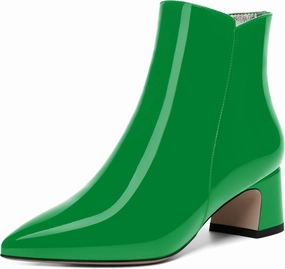 FEMSTEP Womens Pointed Toe Dress Zip Patent Wedding Chunky Low Heel Ankle High Boots 2 Inch