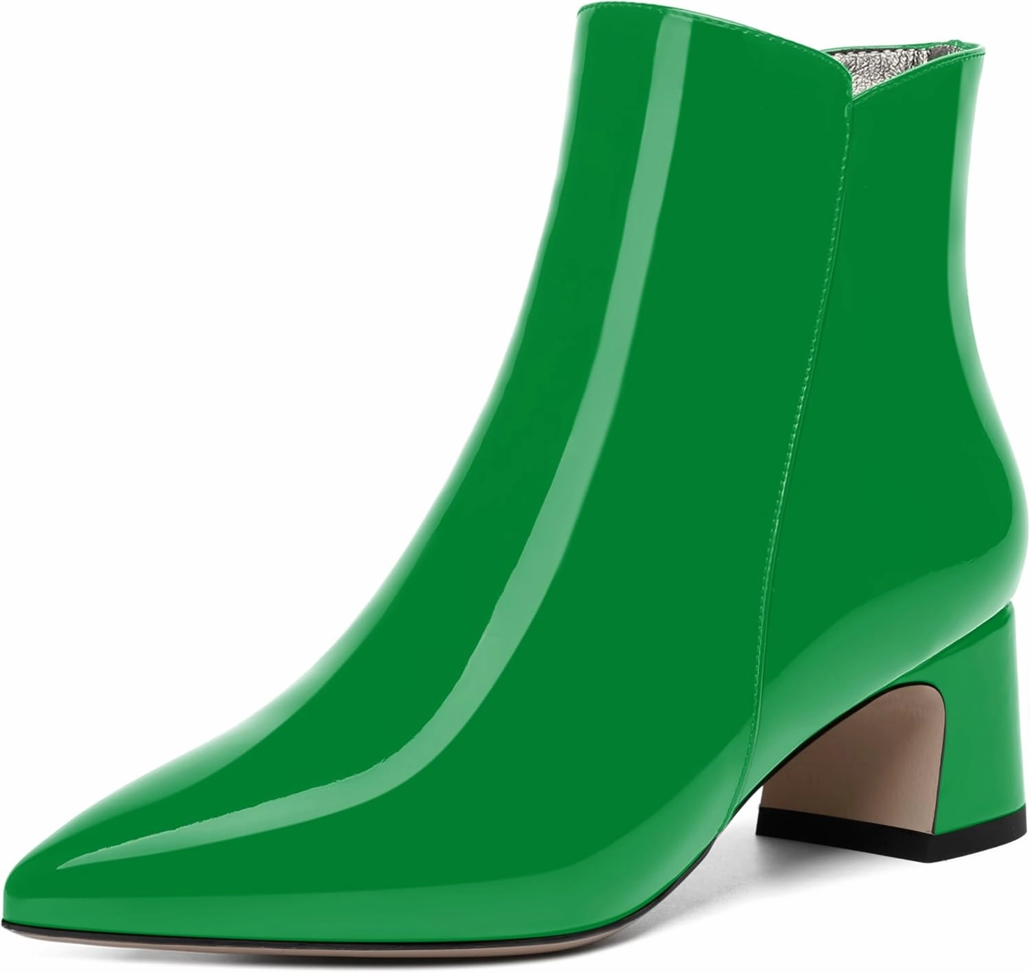 FEMSTEP Womens Pointed Toe Dress Zip Patent Wedding Chunky Low Heel Ankle High Boots 2 Inch