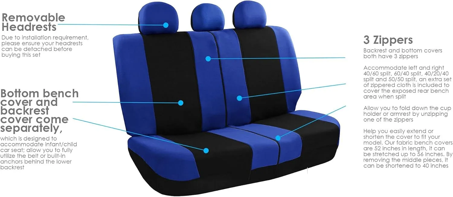 FH Group Car Seat Cover Light Breezy Blue Seat Cover Flat Foam Padding Cloth Full Set Automotive Seat Covers, Airbag Compatible & Split Rear Universal Fit Interior Accessories for Cars Trucks and SUV