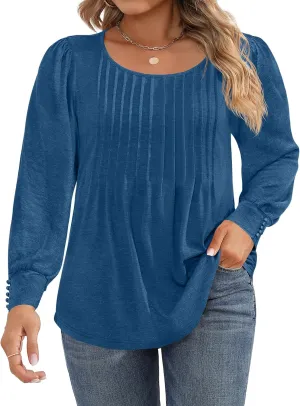Ficerd Women's Plus Size Puff Long Sleeve Tops Pleated Crew Neck Tunic Shirts Dressy Loose Blouses T-Shirts 1X-5X
