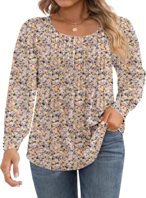 Ficerd Women's Plus Size Puff Long Sleeve Tops Pleated Crew Neck Tunic Shirts Dressy Loose Blouses T-Shirts 1X-5X