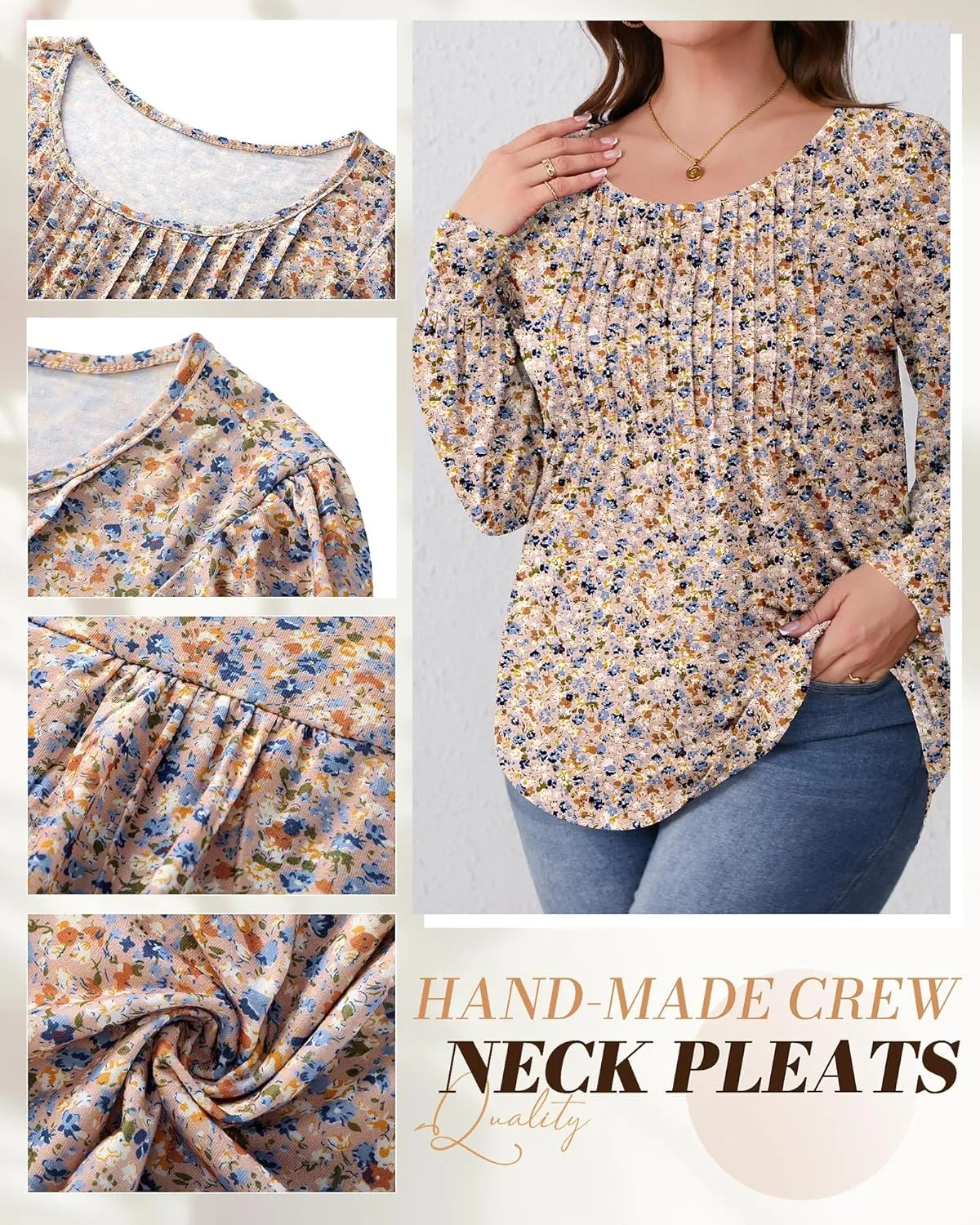 Ficerd Women's Plus Size Puff Long Sleeve Tops Pleated Crew Neck Tunic Shirts Dressy Loose Blouses T-Shirts 1X-5X