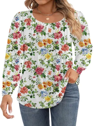 Ficerd Women's Plus Size Puff Long Sleeve Tops Pleated Crew Neck Tunic Shirts Dressy Loose Blouses T-Shirts 1X-5X
