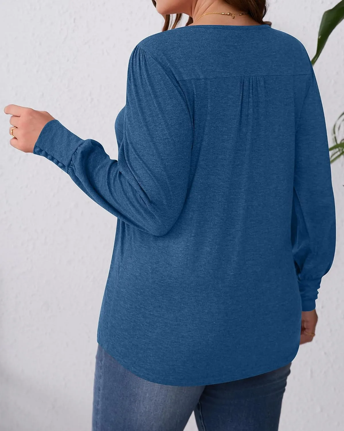 Ficerd Women's Plus Size Puff Long Sleeve Tops Pleated Crew Neck Tunic Shirts Dressy Loose Blouses T-Shirts 1X-5X