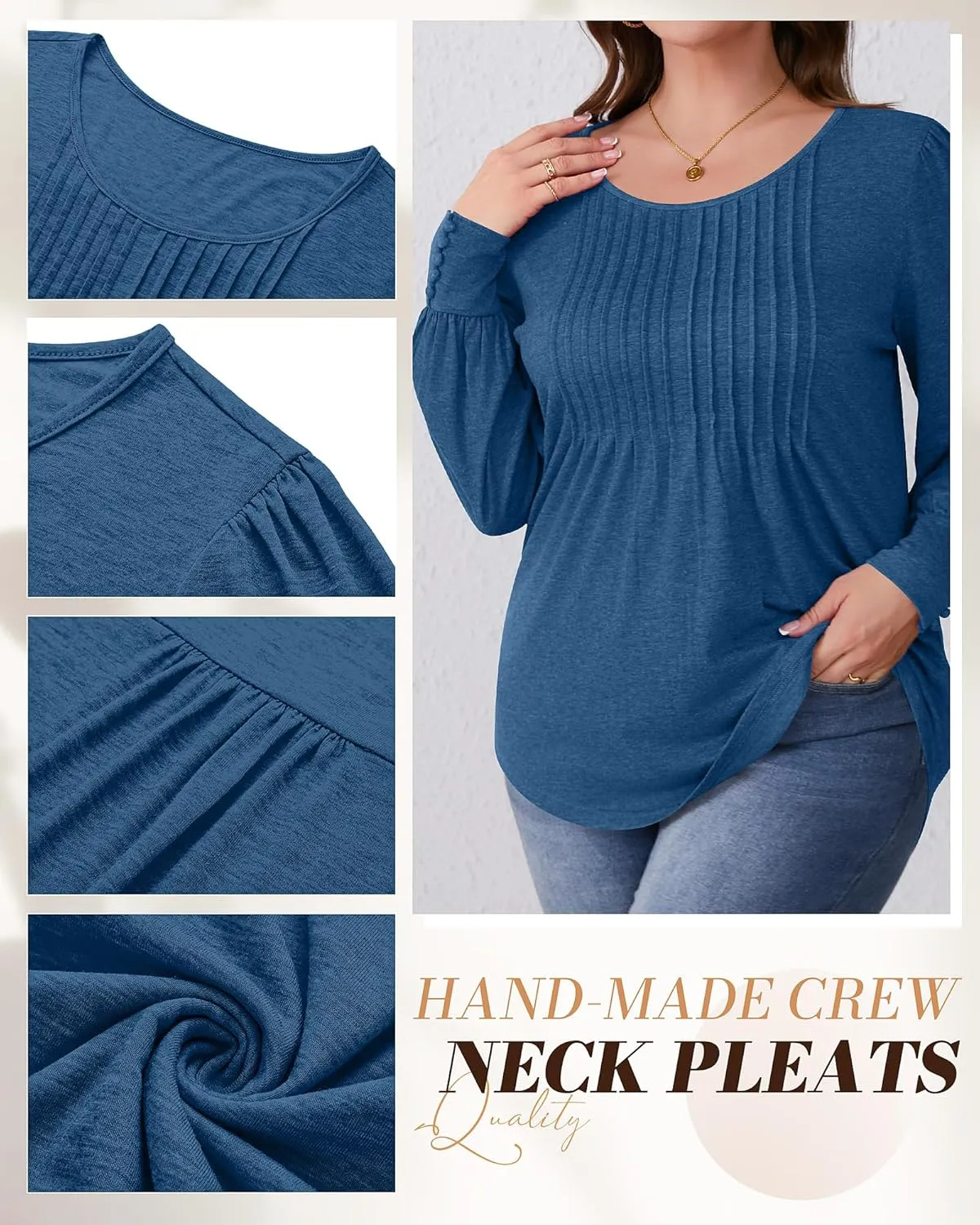 Ficerd Women's Plus Size Puff Long Sleeve Tops Pleated Crew Neck Tunic Shirts Dressy Loose Blouses T-Shirts 1X-5X