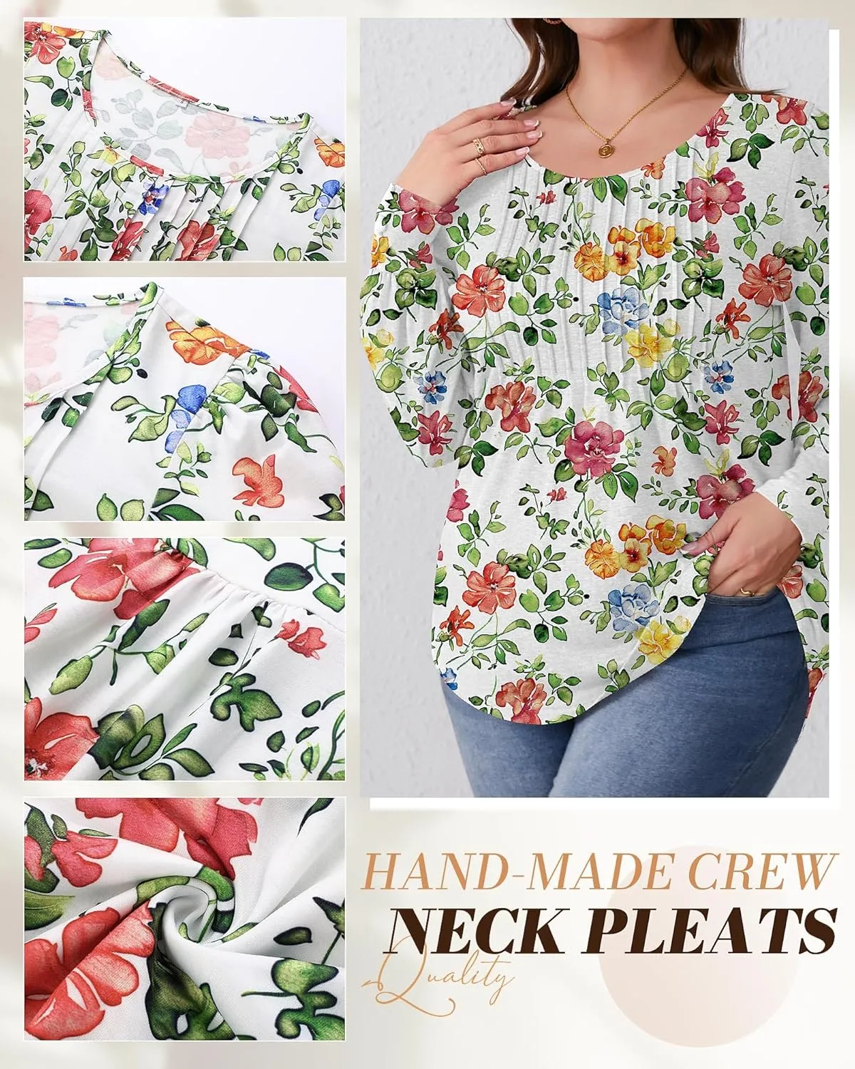 Ficerd Women's Plus Size Puff Long Sleeve Tops Pleated Crew Neck Tunic Shirts Dressy Loose Blouses T-Shirts 1X-5X