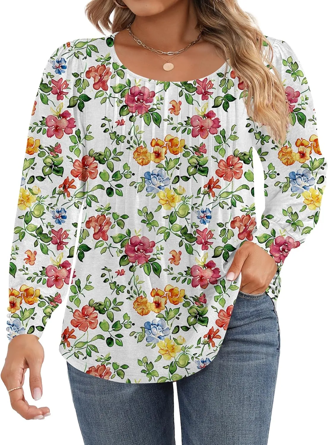 Ficerd Women's Plus Size Puff Long Sleeve Tops Pleated Crew Neck Tunic Shirts Dressy Loose Blouses T-Shirts 1X-5X