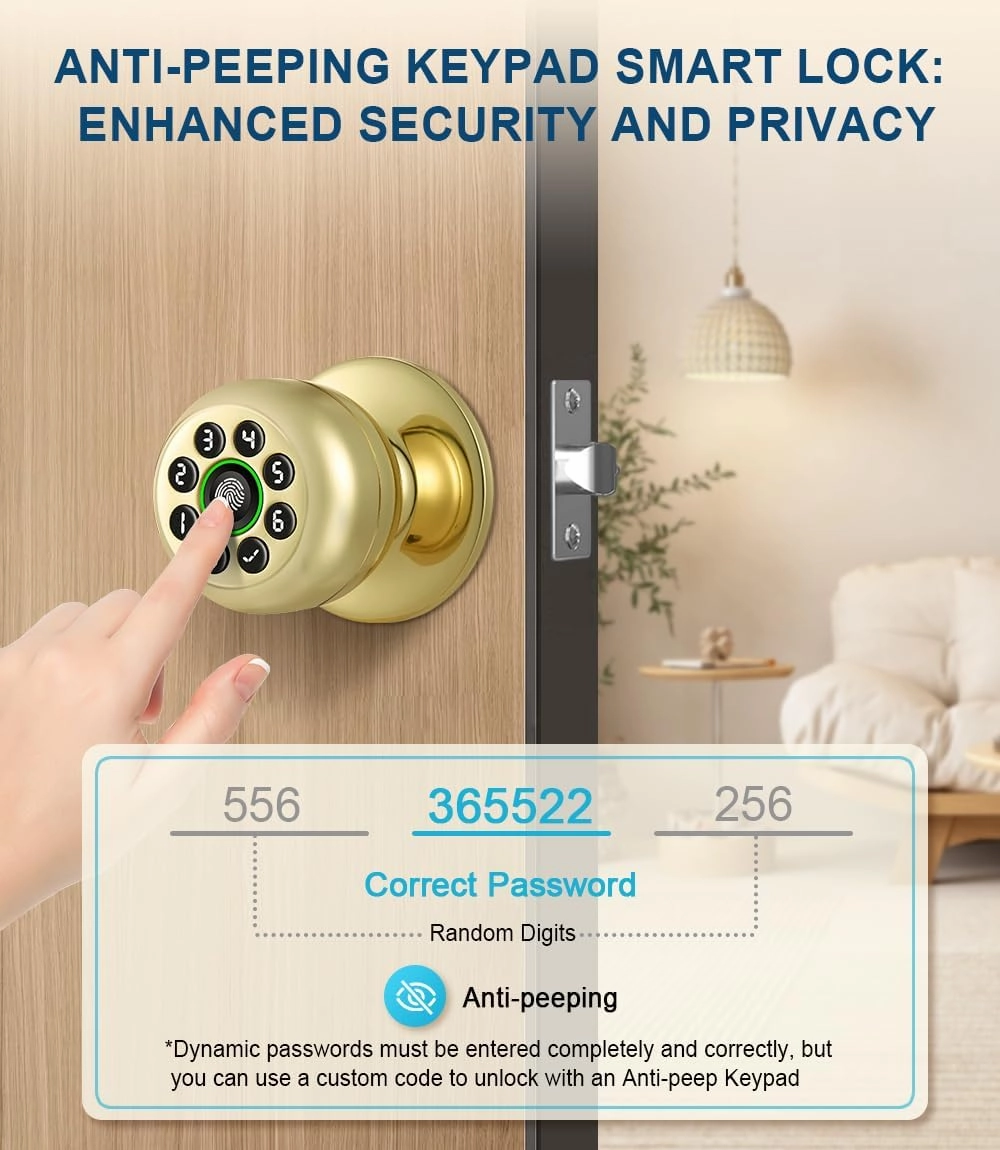 Fingerprint Door Lock, Smart Fingerprint Door Knob with Keypad, Biometric Door Lock with App Control, Auto Lock Door Lock with Code, Keyless Door Knob with Lock for Bedroom, Home,Office-Brass