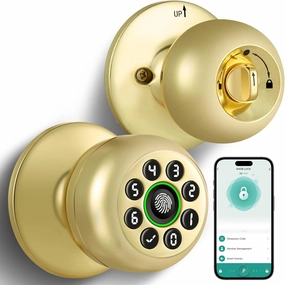 Fingerprint Door Lock, Smart Fingerprint Door Knob with Keypad, Biometric Door Lock with App Control, Auto Lock Door Lock with Code, Keyless Door Knob with Lock for Bedroom, Home,Office-Brass