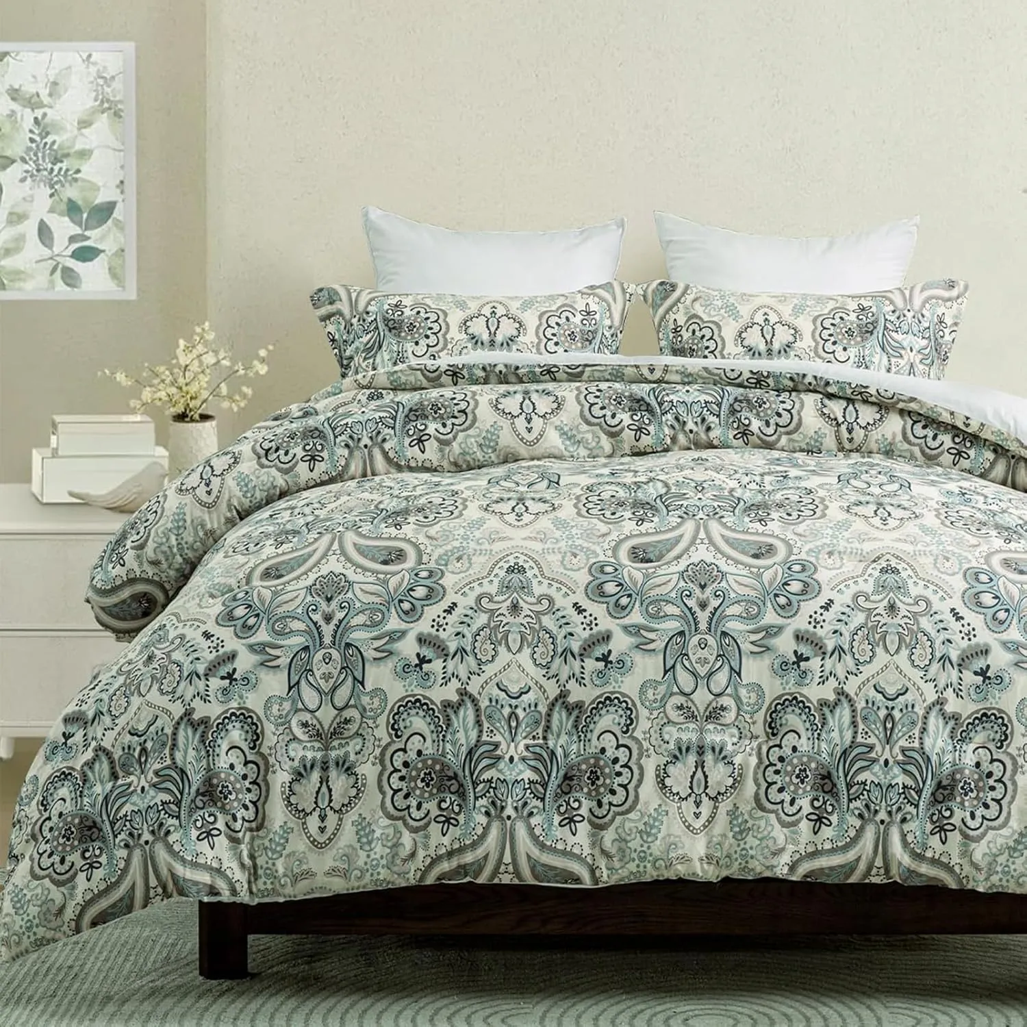 Finlonte Queen Size Comforter Set - Damask Paisley Floral Queen Comforter Bedding Set, 100% Cotton Soft Duvet Insert, Fluffy Cooling Lightweight Quilted Bed Set for Queen Size Bed, 90" × 90", 3pcs