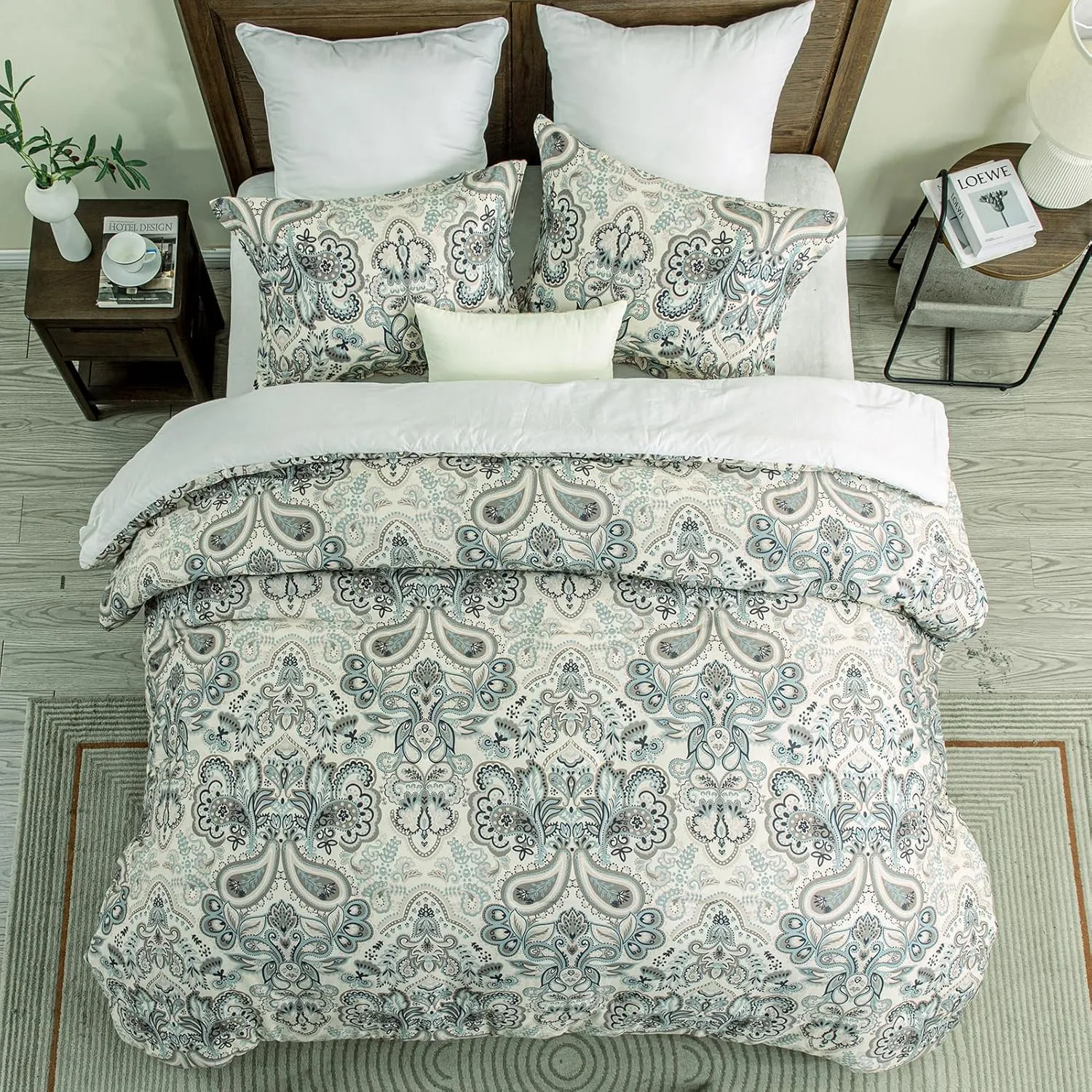Finlonte Queen Size Comforter Set - Damask Paisley Floral Queen Comforter Bedding Set, 100% Cotton Soft Duvet Insert, Fluffy Cooling Lightweight Quilted Bed Set for Queen Size Bed, 90" × 90", 3pcs