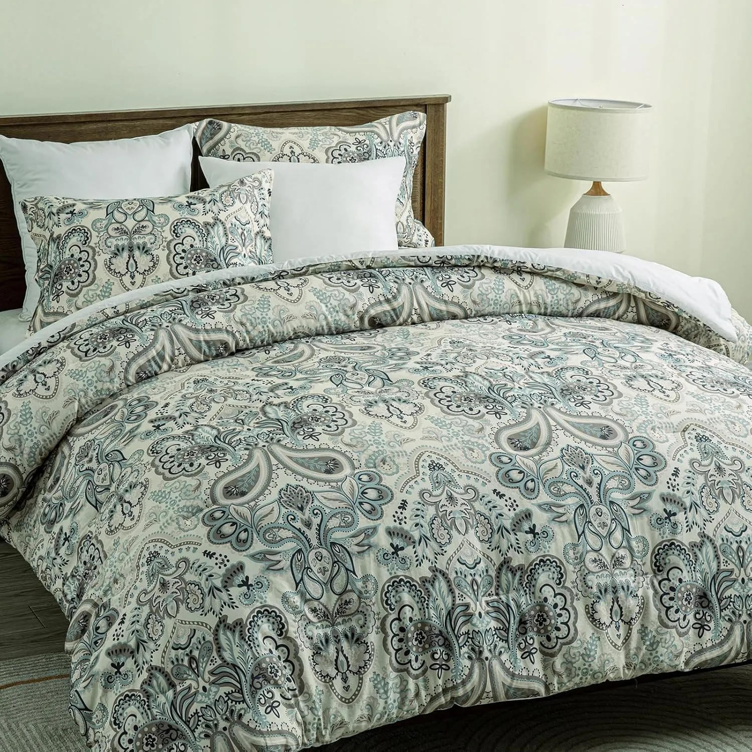 Finlonte Queen Size Comforter Set - Damask Paisley Floral Queen Comforter Bedding Set, 100% Cotton Soft Duvet Insert, Fluffy Cooling Lightweight Quilted Bed Set for Queen Size Bed, 90" × 90", 3pcs