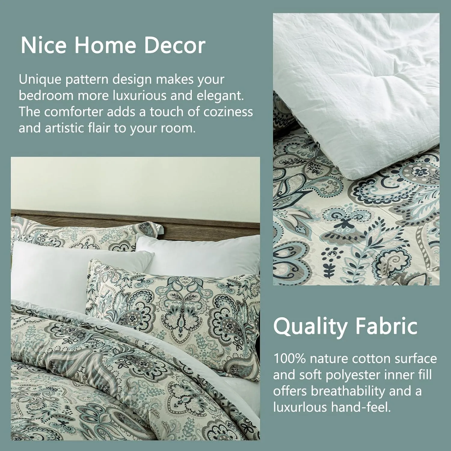 Finlonte Queen Size Comforter Set - Damask Paisley Floral Queen Comforter Bedding Set, 100% Cotton Soft Duvet Insert, Fluffy Cooling Lightweight Quilted Bed Set for Queen Size Bed, 90" × 90", 3pcs