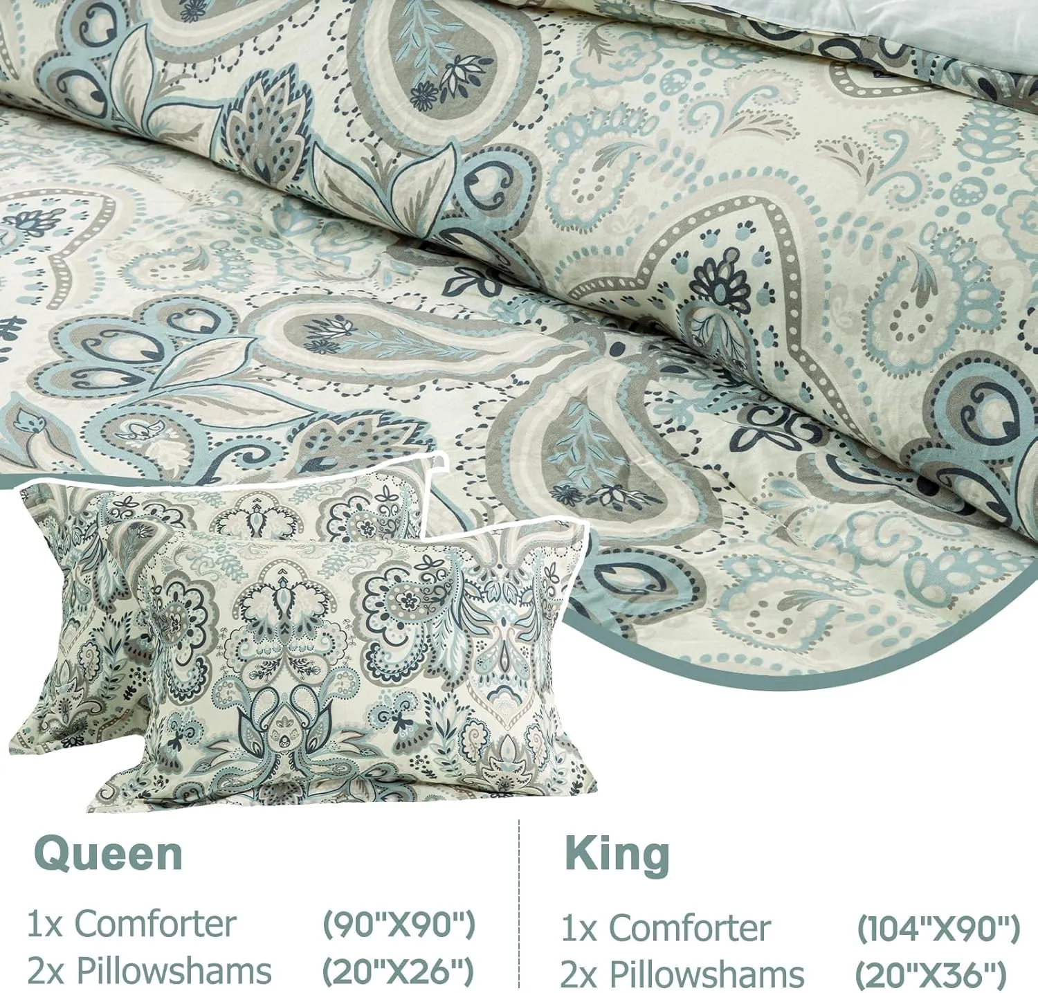 Finlonte Queen Size Comforter Set - Damask Paisley Floral Queen Comforter Bedding Set, 100% Cotton Soft Duvet Insert, Fluffy Cooling Lightweight Quilted Bed Set for Queen Size Bed, 90" × 90", 3pcs