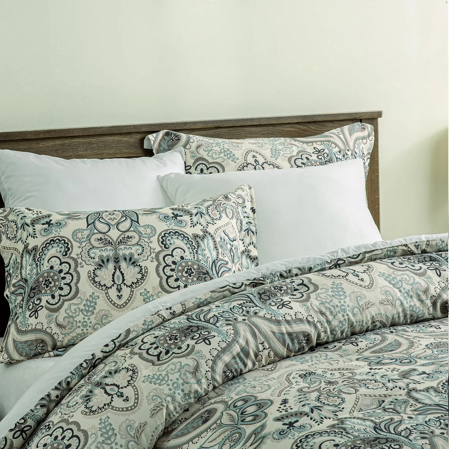 Finlonte Queen Size Comforter Set - Damask Paisley Floral Queen Comforter Bedding Set, 100% Cotton Soft Duvet Insert, Fluffy Cooling Lightweight Quilted Bed Set for Queen Size Bed, 90" × 90", 3pcs