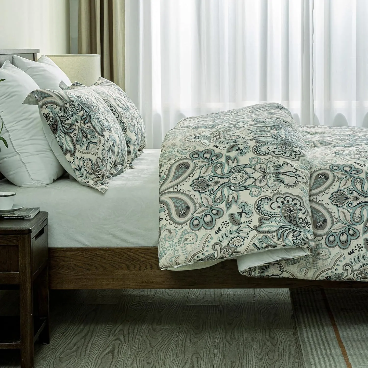 Finlonte Queen Size Comforter Set - Damask Paisley Floral Queen Comforter Bedding Set, 100% Cotton Soft Duvet Insert, Fluffy Cooling Lightweight Quilted Bed Set for Queen Size Bed, 90" × 90", 3pcs