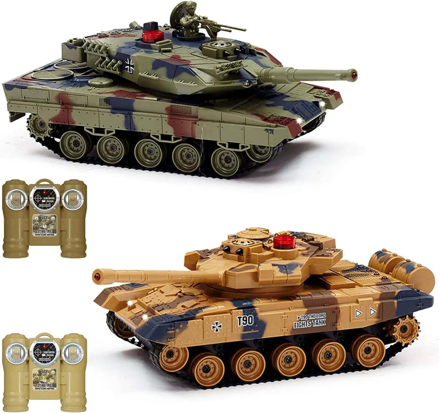 Fistone 1/24 Scale RC Battle Tank Set - Remote Control T90 & Leopard Tanks with Realistic Sounds, Lights, Life Indicators, and Spray Effects - Military Toy for Kids & Adults