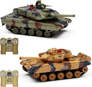 Fistone 1/24 Scale RC Battle Tank Set - Remote Control T90 & Leopard Tanks with Realistic Sounds, Lights, Life Indicators, and Spray Effects - Military Toy for Kids & Adults