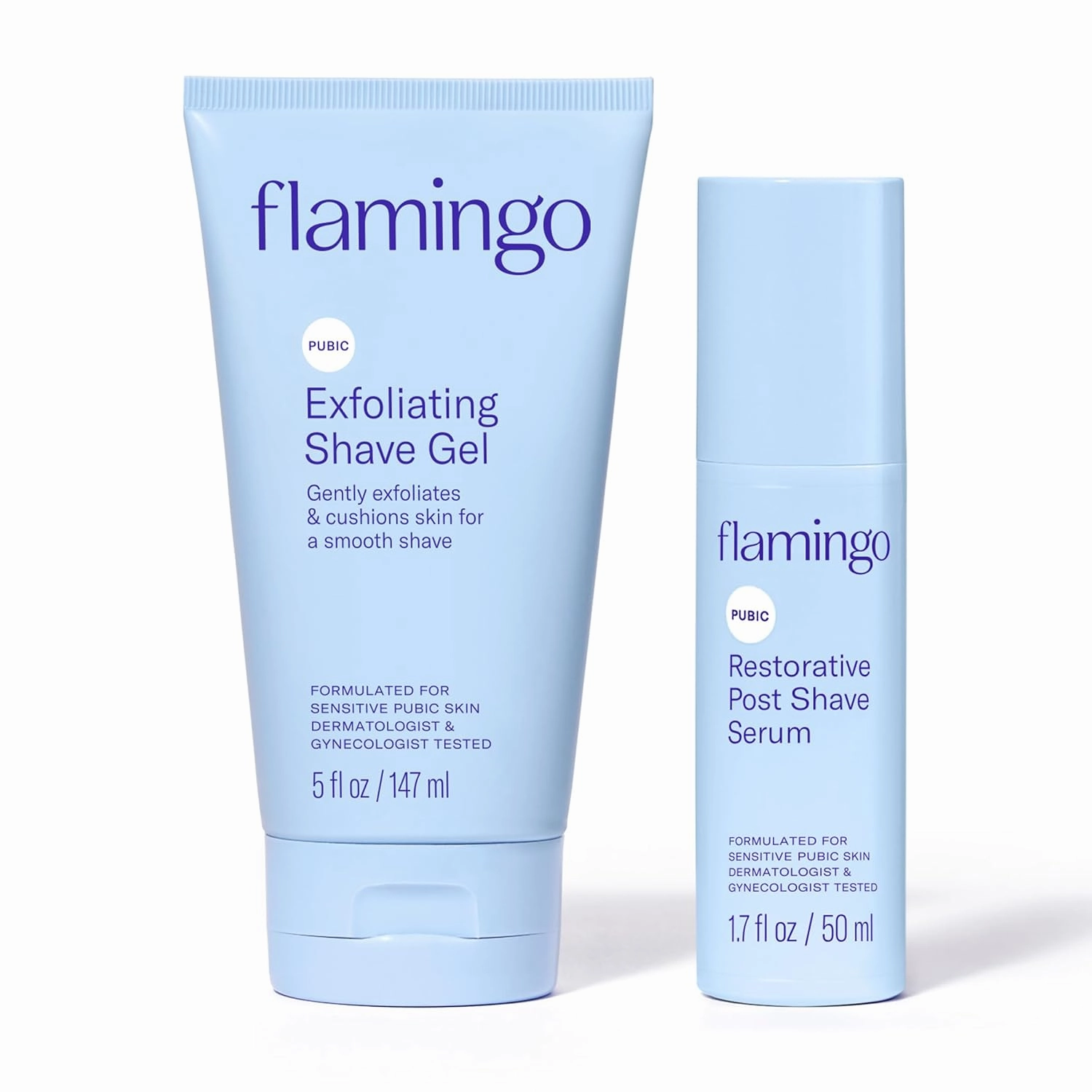 Flamingo Pubic Hair Shaving Skin Care Set, Exfoliating Shaving Gel for Women 5 fl oz with Restorative Post Shave Serum 1.7 fl oz