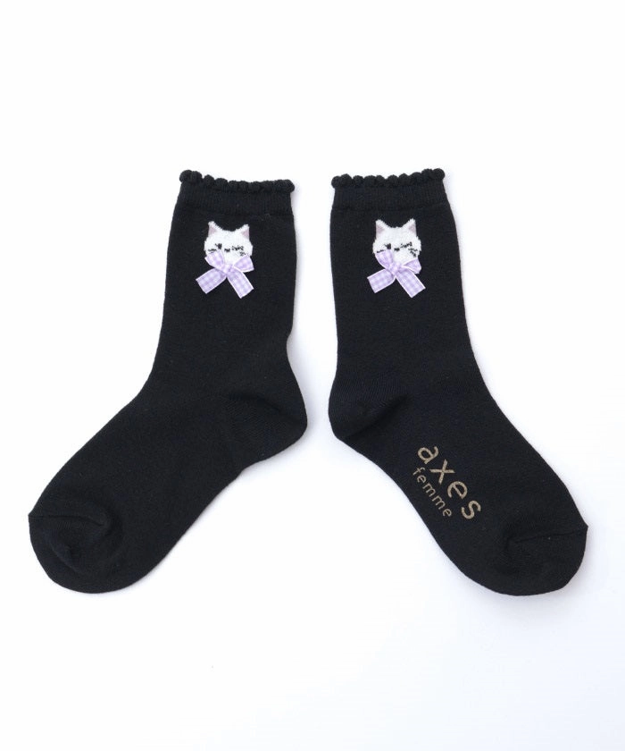 Fluffy Cat Embroidery Crew Socks