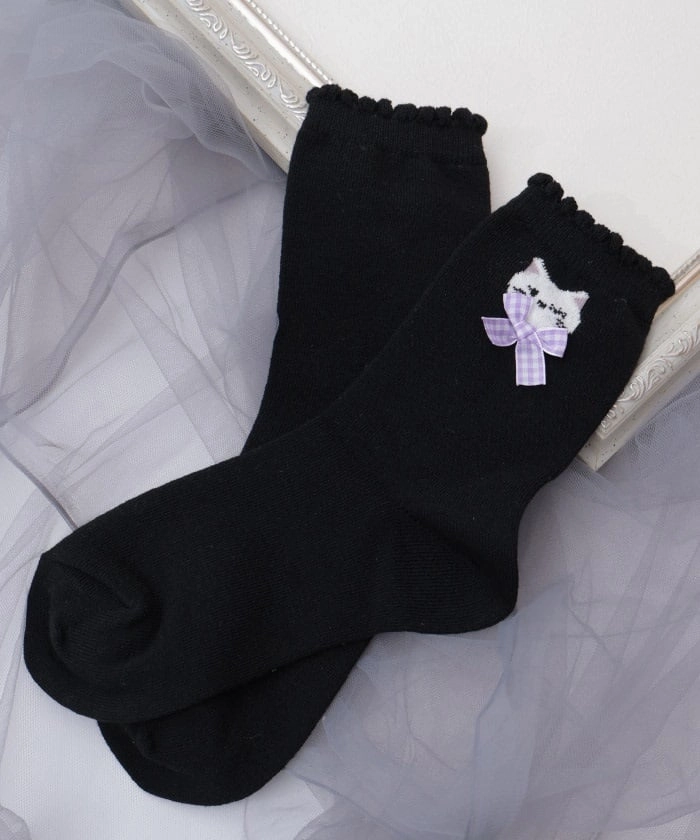 Fluffy Cat Embroidery Crew Socks