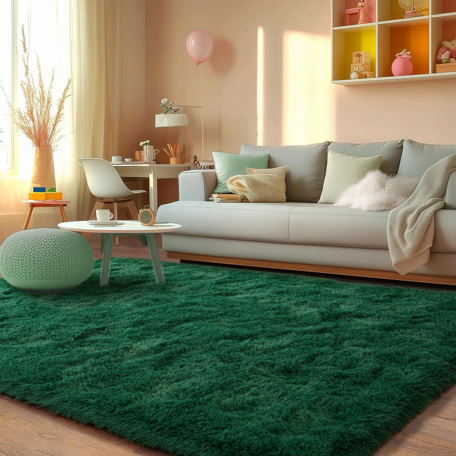 Fluffy Rugs for Living Room, Soft Shaggy for Bedrooms, Deep Green Area Rug, Cozy Fuzzy Carpet for Kids, Perfect Indoor Decor for Boys and Girls 9x12 Feet