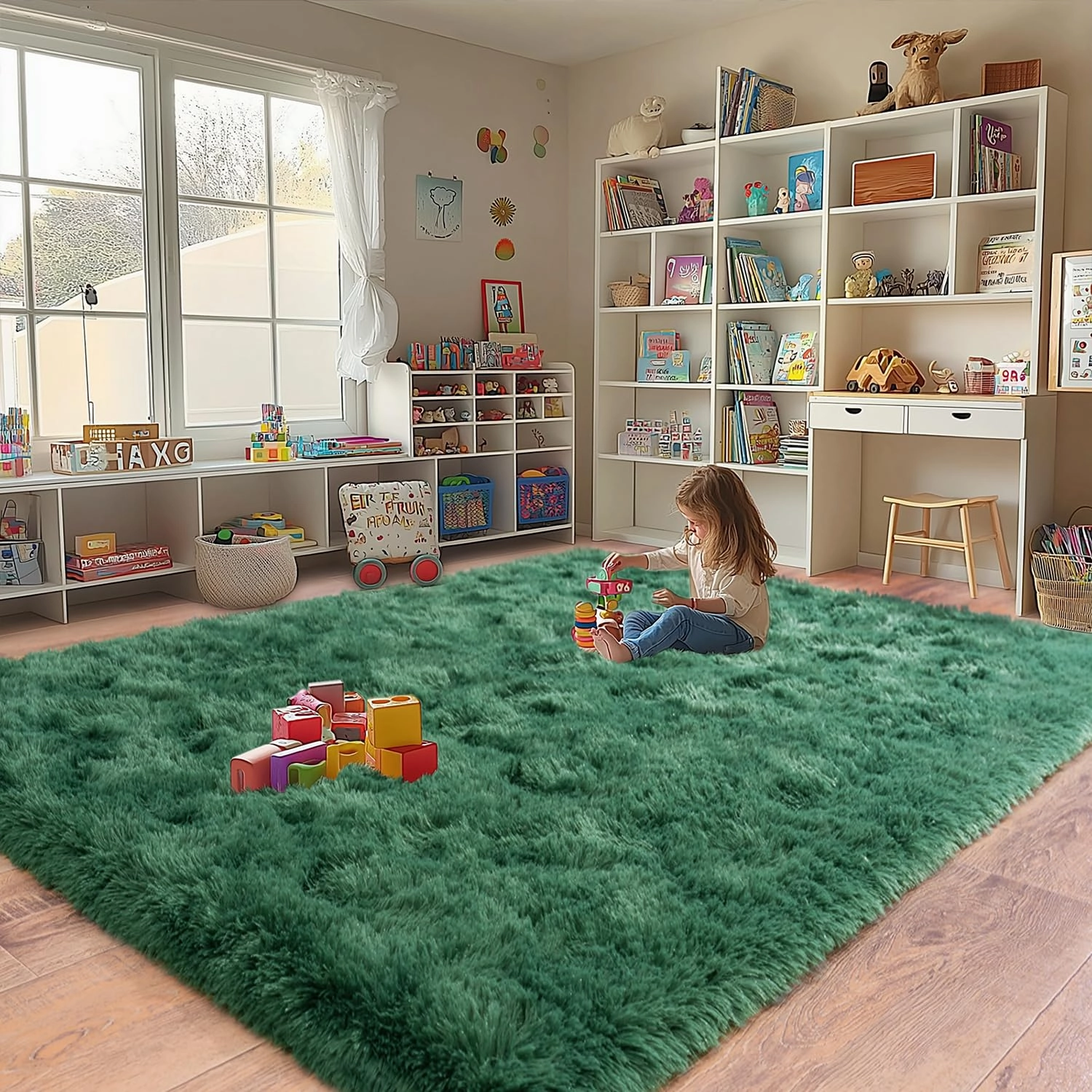 Fluffy Rugs for Living Room, Soft Shaggy for Bedrooms, Deep Green Area Rug, Cozy Fuzzy Carpet for Kids, Perfect Indoor Decor for Boys and Girls 9x12 Feet