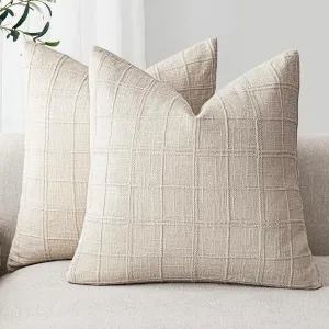 Foindtower Set of 2 Decorative Linen Check Throw Pillow Covers Neutral Farmhouse Vintage Cushion Covers Modern Boho Home Decor For Sofa Chair Couch Bedroom Living Room Outdoor,20×20 Inch,Natural Beige