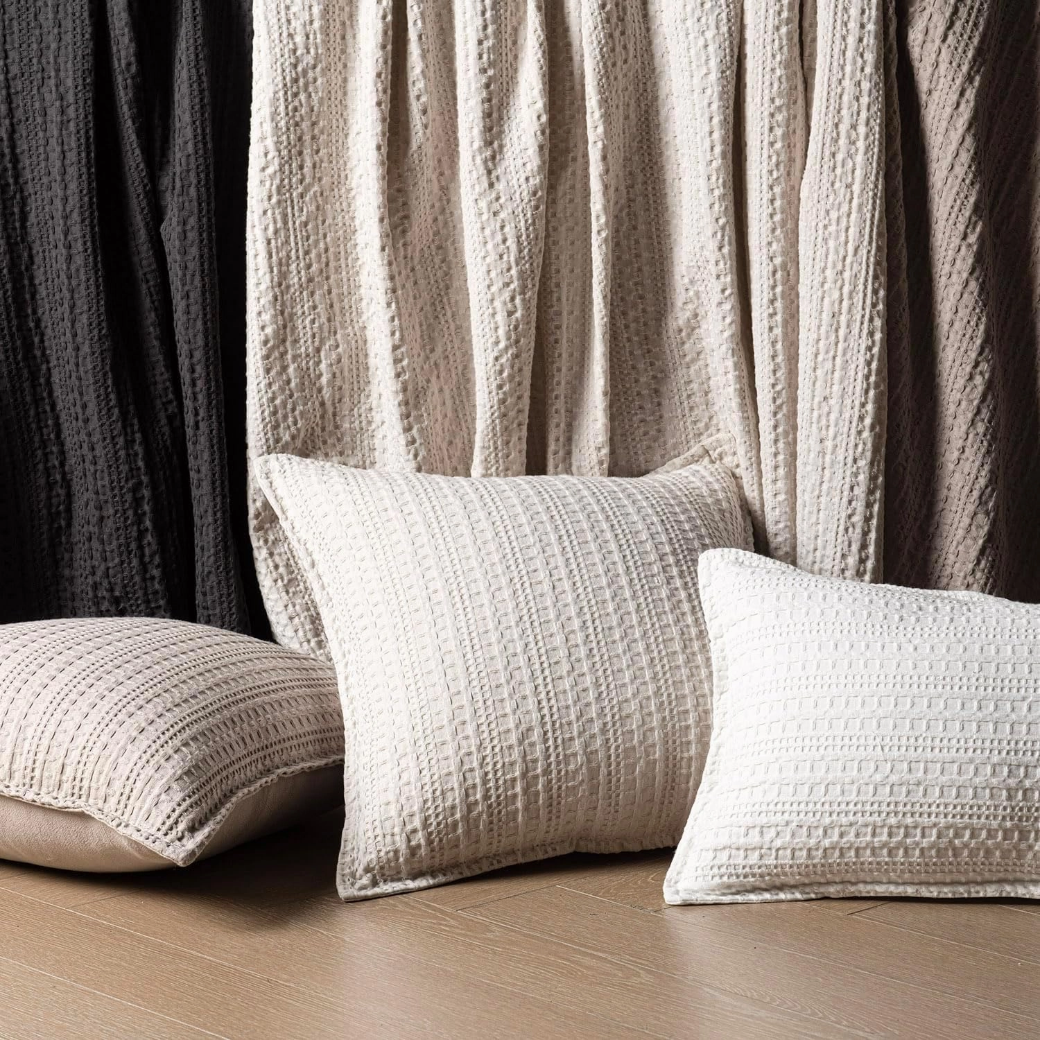 Foindtower Set of 2 Decorative Cotton Waffle Weave Textured Throw Pillow Covers Euro Sham Cushion Covers Accent European Pillowcase For Bed Couch Sofa Bedroom Living Room Home Decor 18×18 Inch Oatmeal