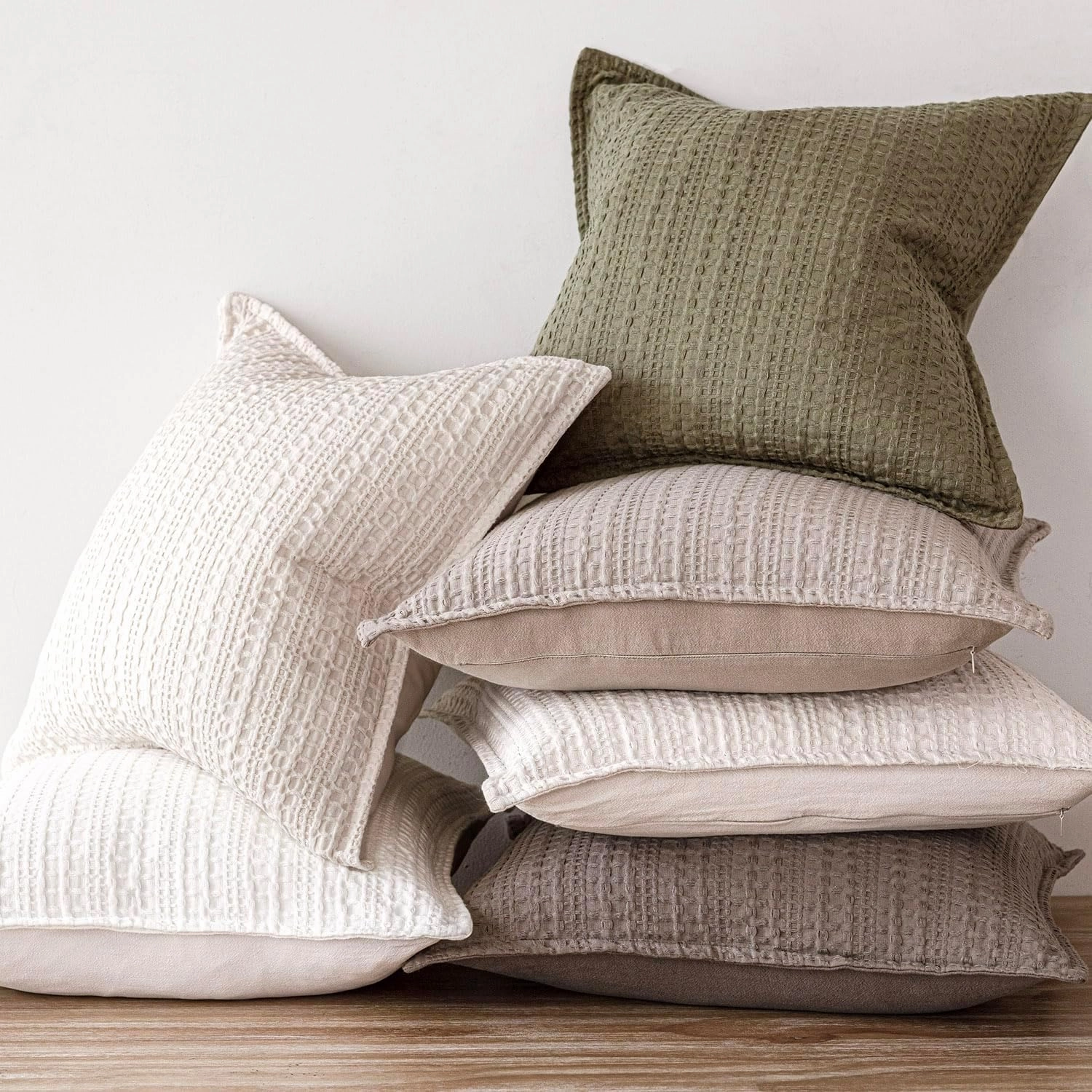 Foindtower Set of 2 Decorative Cotton Waffle Weave Textured Throw Pillow Covers Euro Sham Cushion Covers Accent European Pillowcase For Bed Couch Sofa Bedroom Living Room Home Decor 18×18 Inch Oatmeal