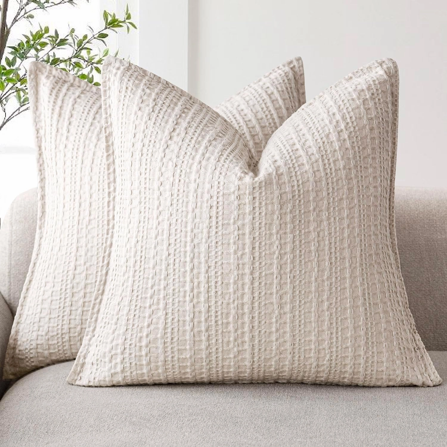 Foindtower Set of 2 Decorative Cotton Waffle Weave Textured Throw Pillow Covers Euro Sham Cushion Covers Accent European Pillowcase For Bed Couch Sofa Bedroom Living Room Home Decor 18×18 Inch Oatmeal