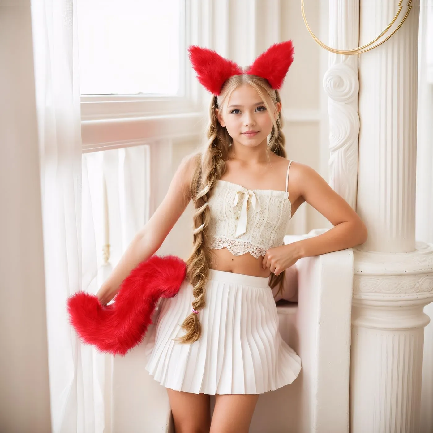 Fox Ears and Tail Set Red Fluffy Fox Faux Fur Wolf Tail and Clip Ears Cute Animal Costume Halloween Cosplay