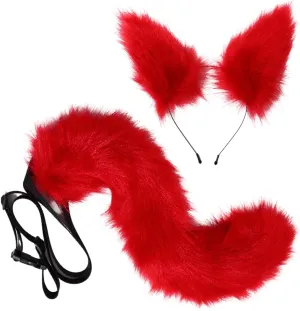 Fox Ears and Tail Set Red Fluffy Fox Faux Fur Wolf Tail and Clip Ears Cute Animal Costume Halloween Cosplay