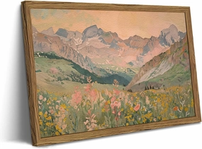 Framed 3D Textured Vintage Landscape Wall Art, Mountain Wildflower Meadow Wall Decor Paintings, Hand Drawn Sandstone Nature Aesthetic Home Decor Pictures for Living Room Bedroom Bathroom 12x16 inch
