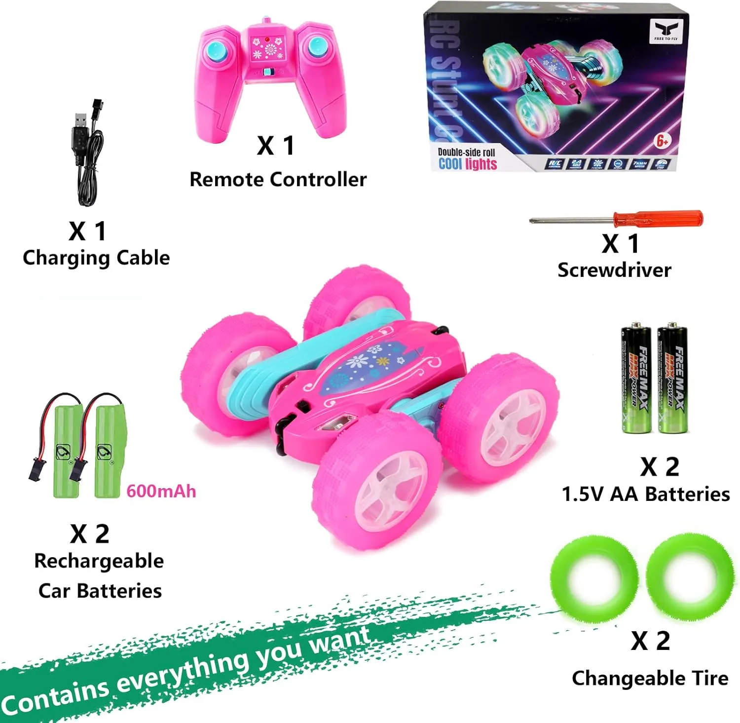 FREE TO FLY Remote Control Car for Girls : Pink RC Car Double Sided 360°Flip Stunt Cars with Headlights & WheelLights Rechargeable Toy Car Birthday Gifts for Girl Kids Age 6 7 8 9 10 11 12 Year Old