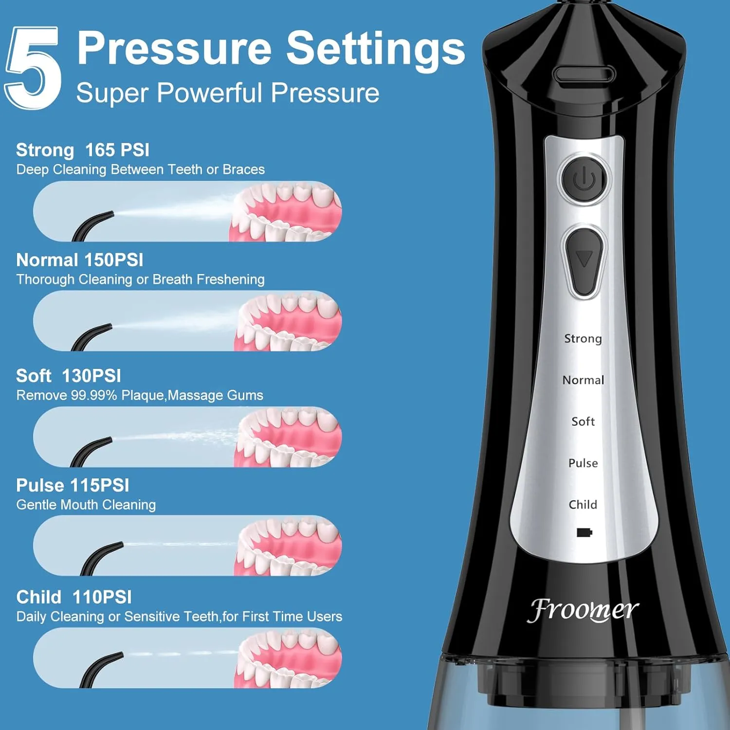 Froomer Cordless Water Flosser – Rechargeable Portable Electric Water Flosser for Teeth, Braces, 5 Modes, IPX7 Waterproof, Travel Friendly, 300ml, Black