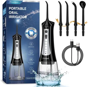 Froomer Cordless Water Flosser – Rechargeable Portable Electric Water Flosser for Teeth, Braces, 5 Modes, IPX7 Waterproof, Travel Friendly, 300ml, Black