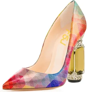 FSJ Women Bridal Pointed Toe Chunky High Heel Crystal Pumps Slip on Wedding Thick Comfort Unique Shoes Size 4-15 US