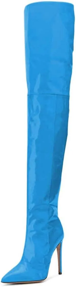 FSJ Women Fashion Pointed Toe Stiletto Heel Thigh High Over The Knee Boots Pull On Side Zipper Patent Leather Winter Shoes Size 4-15 US