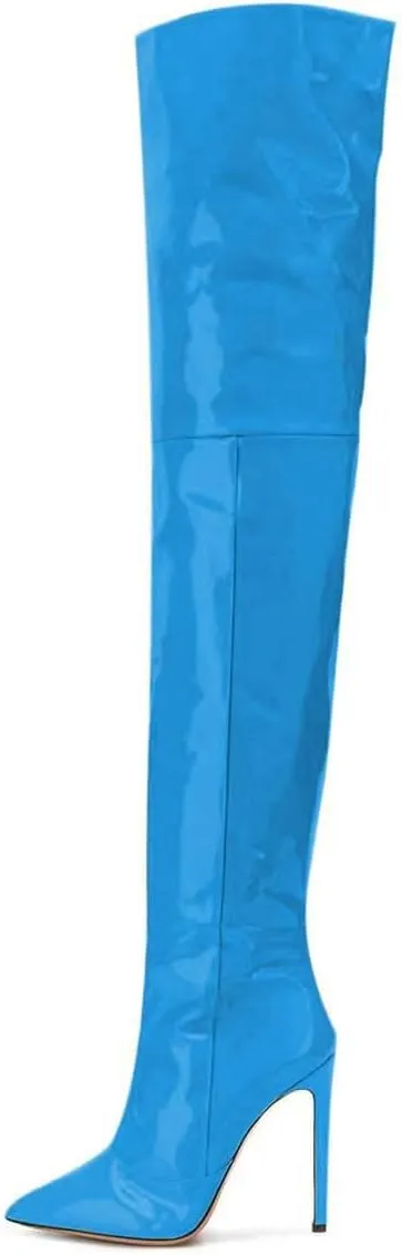 FSJ Women Fashion Pointed Toe Stiletto Heel Thigh High Over The Knee Boots Pull On Side Zipper Patent Leather Winter Shoes Size 4-15 US