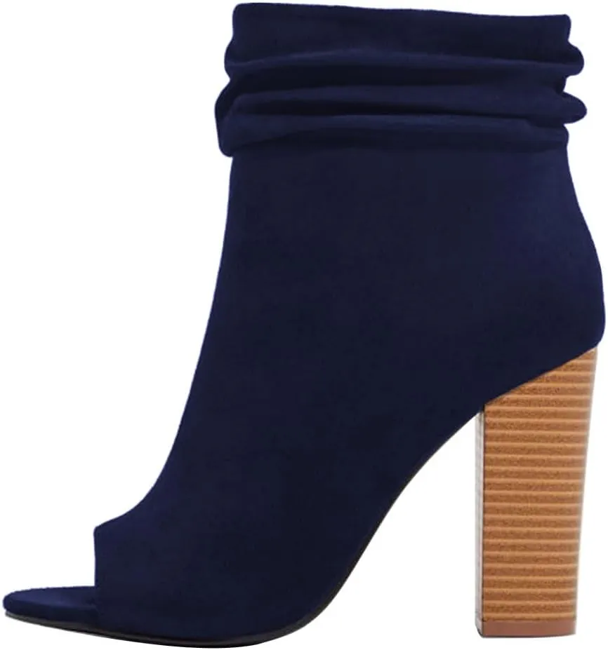 FSJ Women Stylish Peep Toe Slouch Ankle Boots Chunky Stacked Heels Party Prom Nightclub Evening Dress Shoes Size 4-15 US