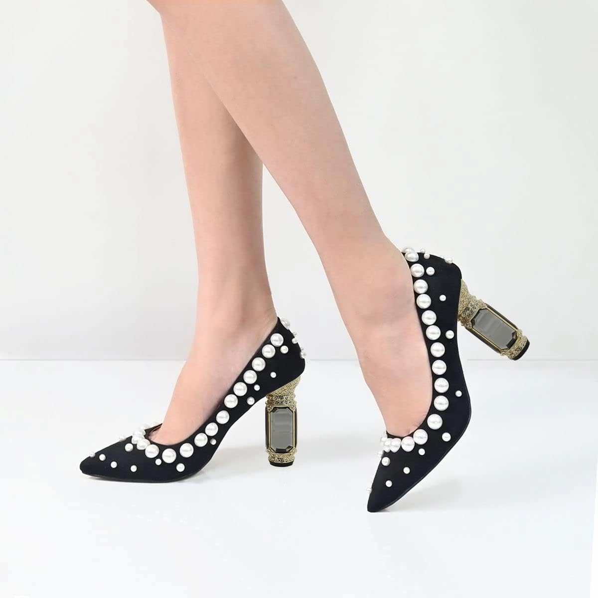 FSJ Women Bridal Pointed Toe Chunky Block High Heel Crystal Pumps Slip on Wedding Thick Comfort Evening Black White Pearl Shoes Size 4-16 US