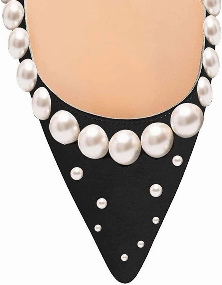 FSJ Women Bridal Pointed Toe Chunky Block High Heel Crystal Pumps Slip on Wedding Thick Comfort Evening Black White Pearl Shoes Size 4-16 US