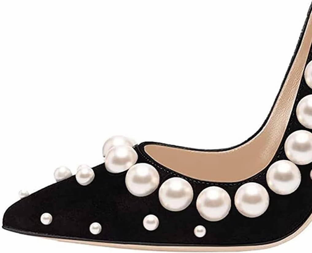 FSJ Women Bridal Pointed Toe Chunky Block High Heel Crystal Pumps Slip on Wedding Thick Comfort Evening Black White Pearl Shoes Size 4-16 US