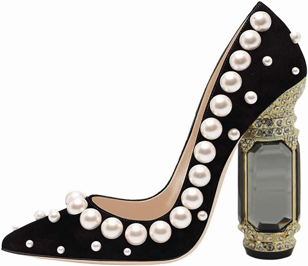 FSJ Women Bridal Pointed Toe Chunky Block High Heel Crystal Pumps Slip on Wedding Thick Comfort Evening Black White Pearl Shoes Size 4-16 US