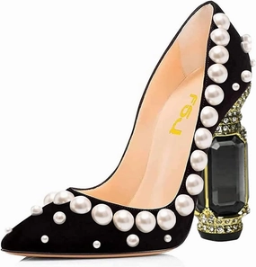 FSJ Women Bridal Pointed Toe Chunky Block High Heel Crystal Pumps Slip on Wedding Thick Comfort Evening Black White Pearl Shoes Size 4-16 US