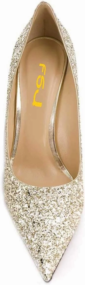 FSJ Women Bridal Pointed Toe Mid Low Heels Crystal Pumps Slip on Comfort Wedding Glitter Shoes