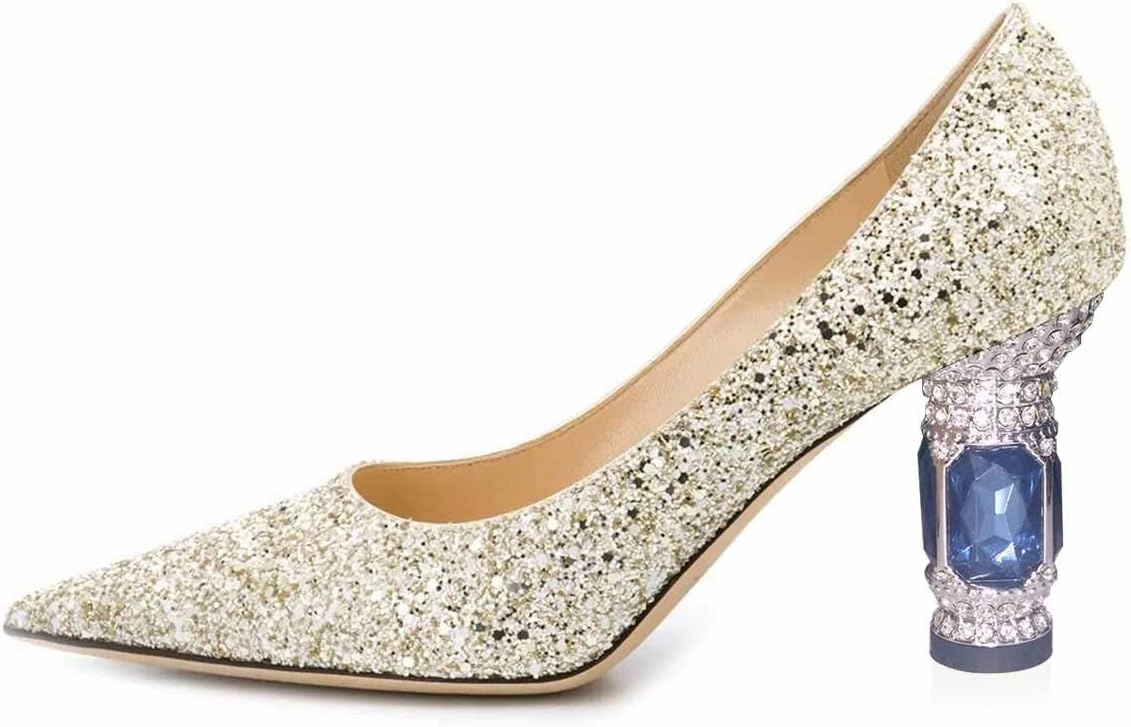 FSJ Women Bridal Pointed Toe Mid Low Heels Crystal Pumps Slip on Comfort Wedding Glitter Shoes