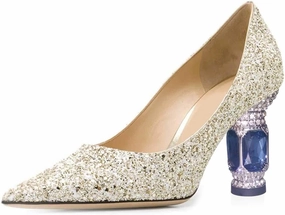FSJ Women Bridal Pointed Toe Mid Low Heels Crystal Pumps Slip on Comfort Wedding Glitter Shoes