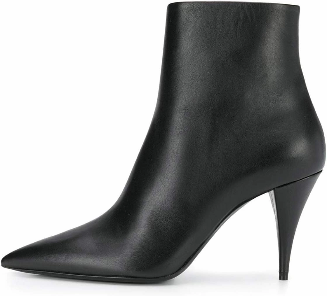 FSJ Women Classic Pointed Toe Ankle Boots High Cone Heel Leather Faux Suede Studded Rhinestones Leopard Short Booties Side Zipper Dress Shoes Size 4-15 US